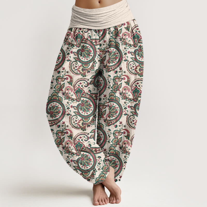 Nimara Ritual Cotton Retro Complex Flowers Leaves Vine Pattern Women's Elastic Waist Harem Pants