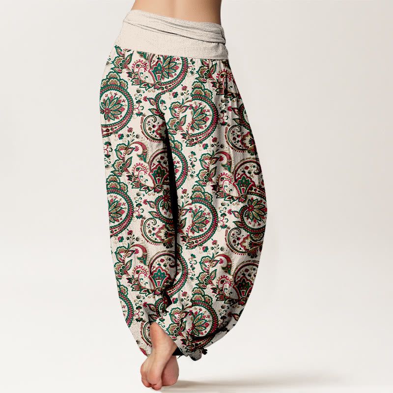 Nimara Ritual Cotton Retro Complex Flowers Leaves Vine Pattern Women's Elastic Waist Harem Pants