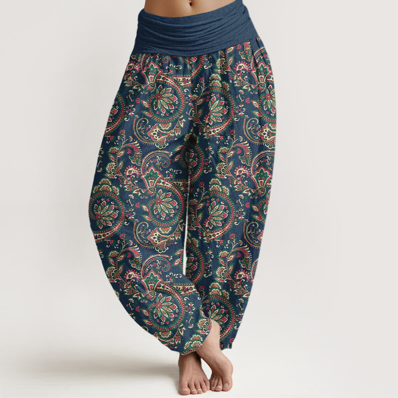 Nimara Ritual Cotton Retro Complex Flowers Leaves Vine Pattern Women's Elastic Waist Harem Pants