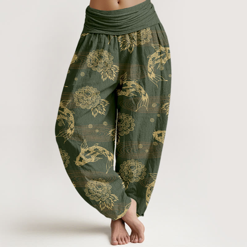 Nimara Ritual Cotton Exquisite Koi Fish Flowers Leaves Curve Pattern Women's Elastic Waist Harem Pants