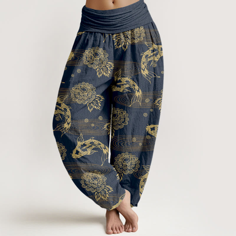Nimara Ritual Cotton Exquisite Koi Fish Flowers Leaves Curve Pattern Women's Elastic Waist Harem Pants