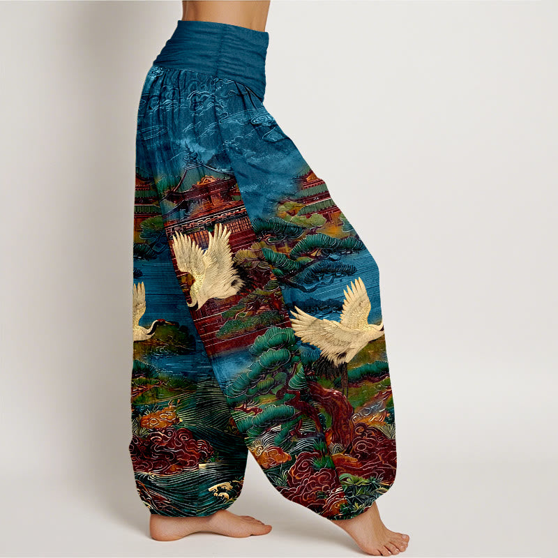 Nimara Ritual Cotton Exquisite Crane Architecture Pine Tree Cloud Pattern Women's Elastic Waist Harem Pants