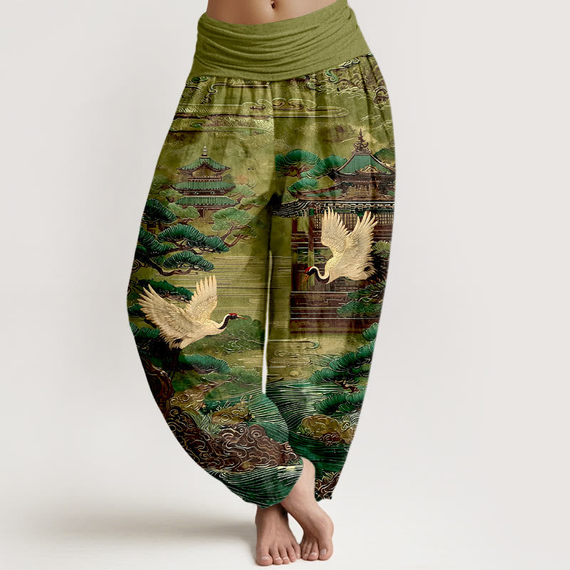 Nimara Ritual Cotton Exquisite Crane Architecture Pine Tree Cloud Pattern Women's Elastic Waist Harem Pants