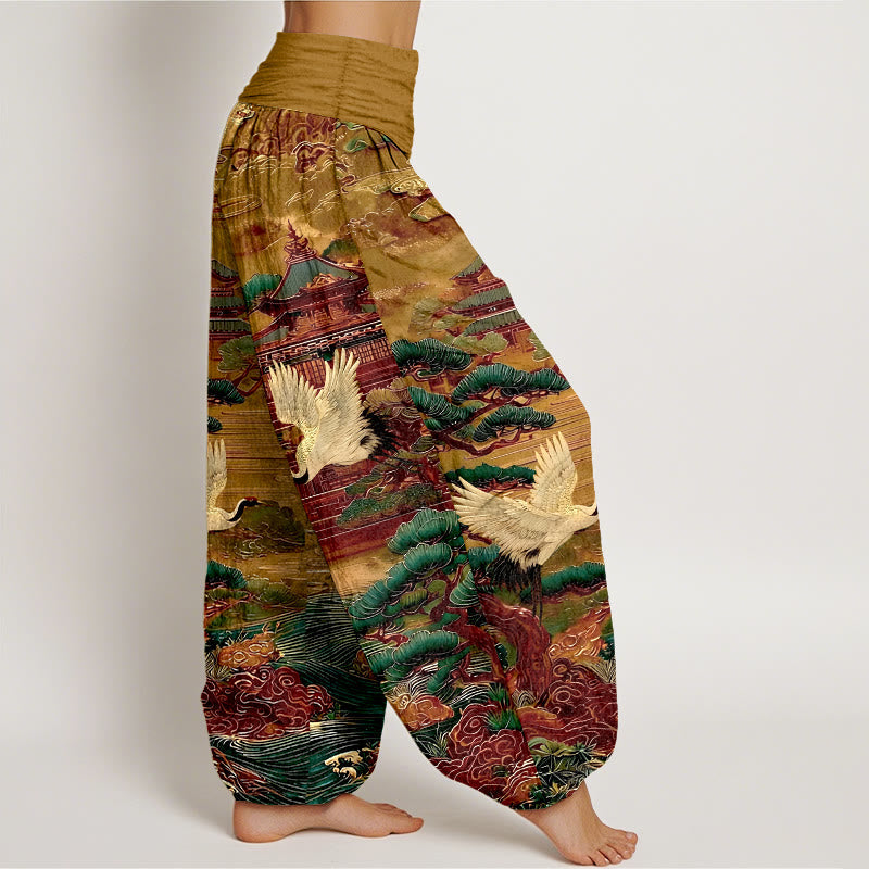 Nimara Ritual Cotton Exquisite Crane Architecture Pine Tree Cloud Pattern Women's Elastic Waist Harem Pants
