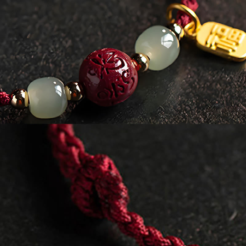 Nimara Ritual Fu Character Hetian Jade Bead Om Mani Padme Hum Cinnabar Red String Prosperity Bracelet