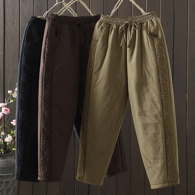 Nimara Ritual Flower Pattern Cotton Polyester Embroidery Thick Women's Pants With Pockets