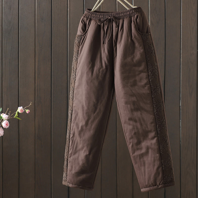 Nimara Ritual Flower Pattern Cotton Polyester Embroidery Thick Women's Pants With Pockets