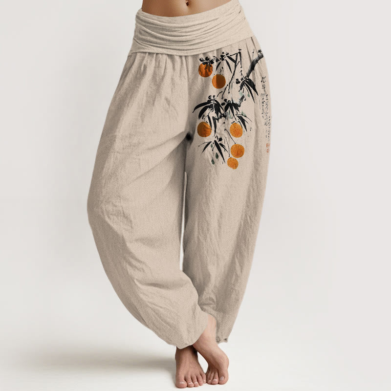 Nimara Ritual Pure Cotton Brightly Colored Fruit Branches Pattern Women's Elastic Waist Harem Pants
