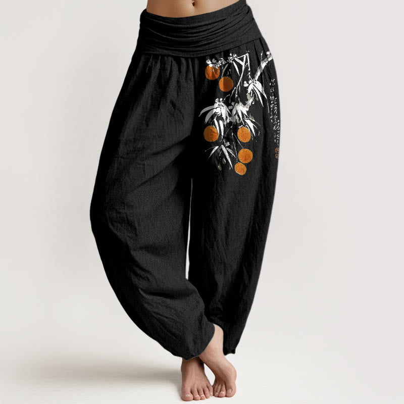 Nimara Ritual Pure Cotton Brightly Colored Fruit Branches Pattern Women's Elastic Waist Harem Pants