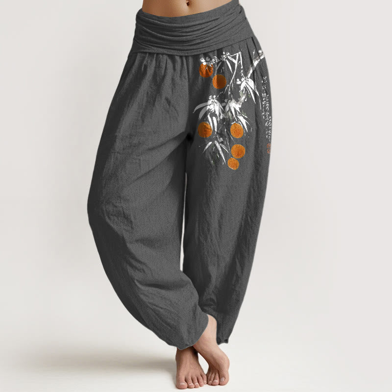 Nimara Ritual Pure Cotton Brightly Colored Fruit Branches Pattern Women's Elastic Waist Harem Pants