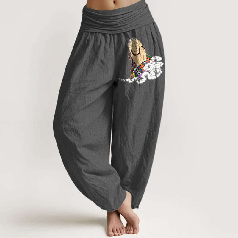 Nimara Ritual Pure Cotton Simple Lively Clasped Hands Prayer Beads Clouds Pattern Women's Elastic Waist Harem Pants