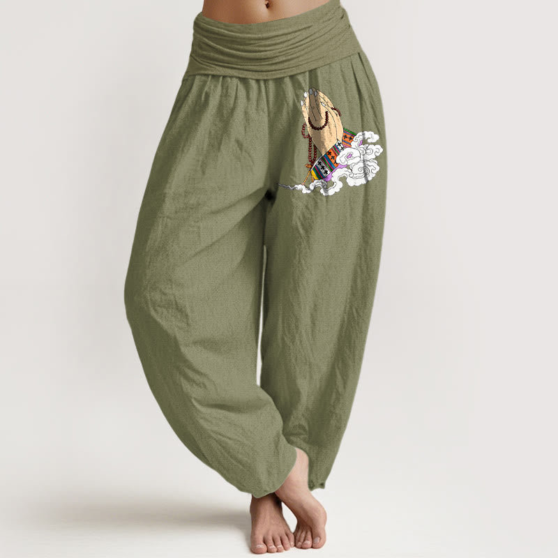 Nimara Ritual Pure Cotton Simple Lively Clasped Hands Prayer Beads Clouds Pattern Women's Elastic Waist Harem Pants