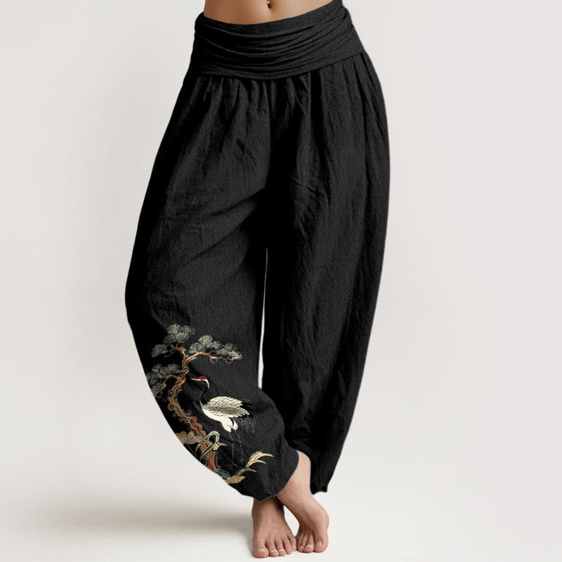 Nimara Ritual Pure Cotton Crane Pine Tree Flower Grass Pattern Women's Elastic Waist Harem Pants
