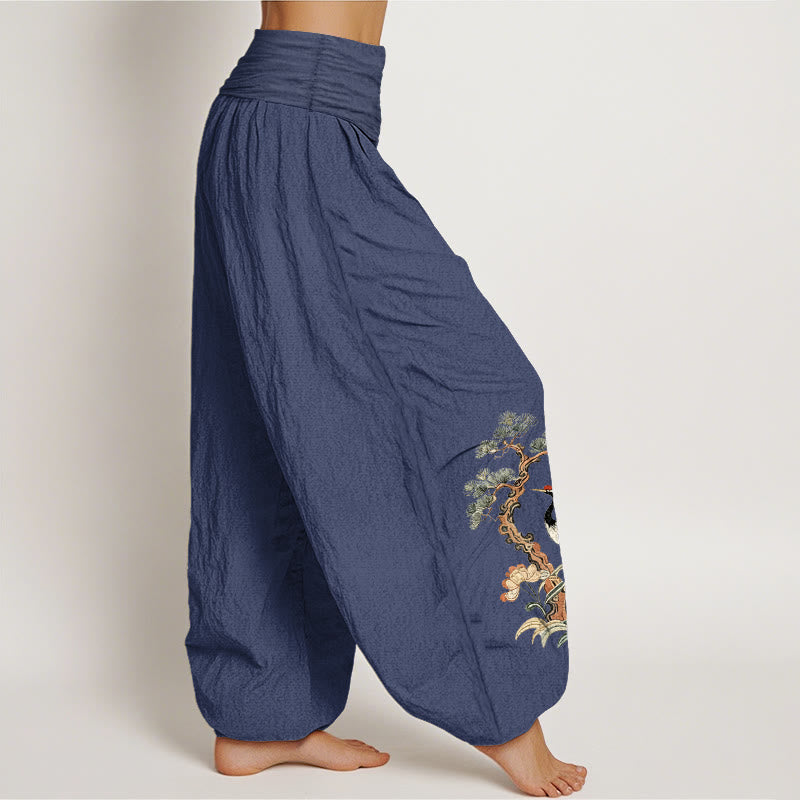 Nimara Ritual Pure Cotton Crane Pine Tree Flower Grass Pattern Women's Elastic Waist Harem Pants