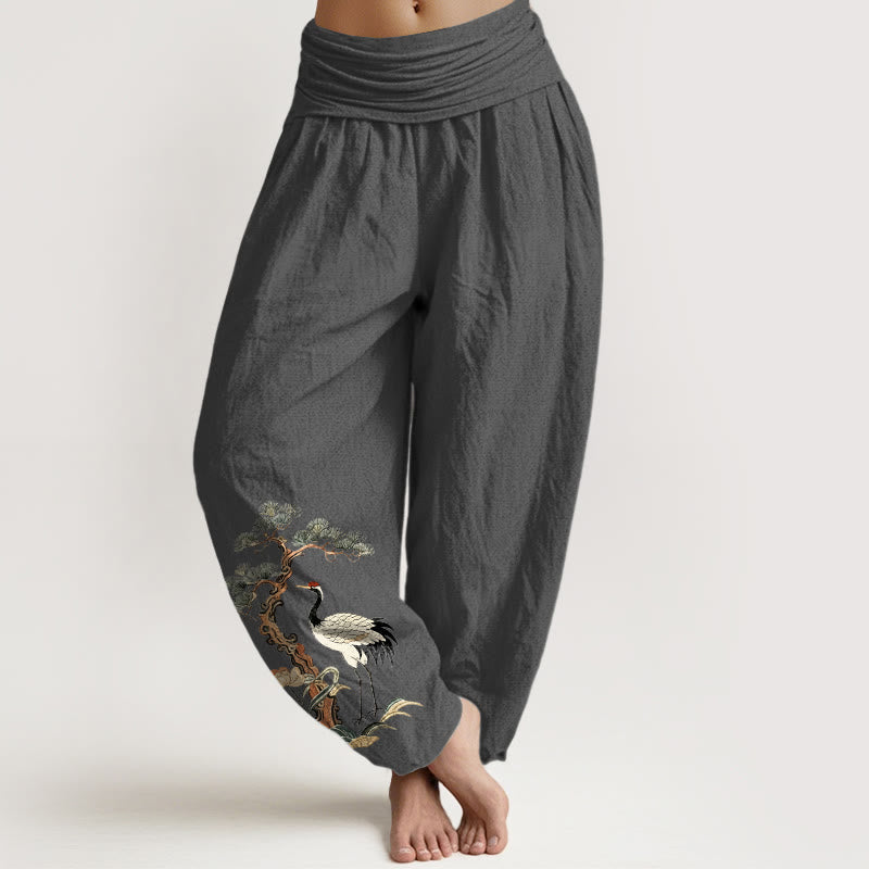Nimara Ritual Pure Cotton Crane Pine Tree Flower Grass Pattern Women's Elastic Waist Harem Pants