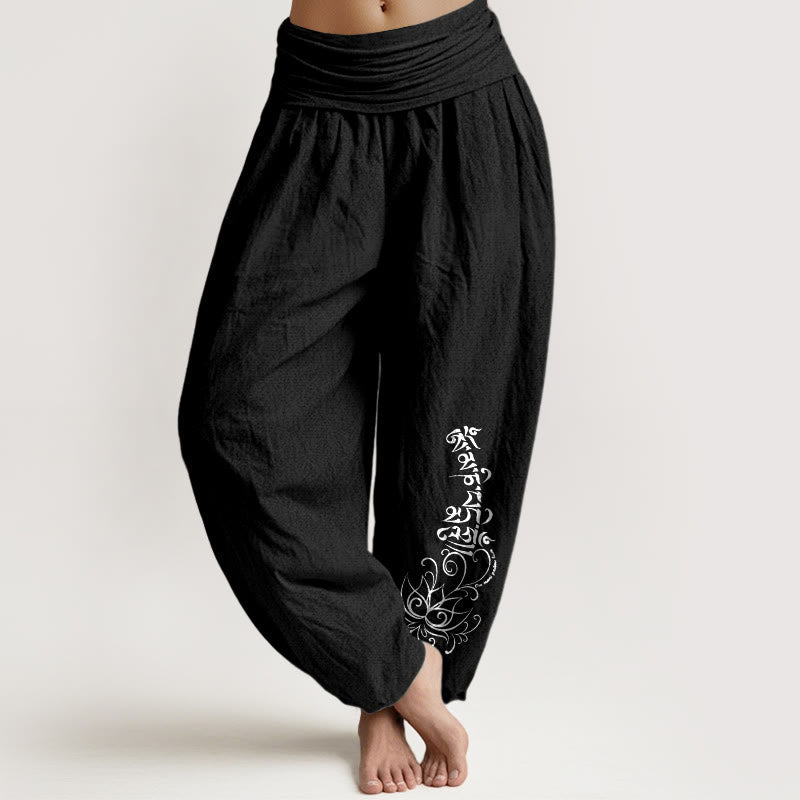 Nimara Ritual Pure Cotton Simple Om Mani Padme Hum Lotus Pattern Women's Elastic Waist Harem Pants