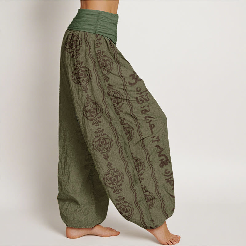 Nimara Ritual Cotton Mandala Om Mani Padme Hum Women's Elastic Waist Harem Pants