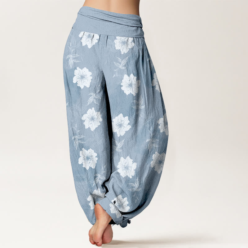 Nimara Ritual Pure Cotton White Flowers Grass Women's Elastic Waist Harem Pants