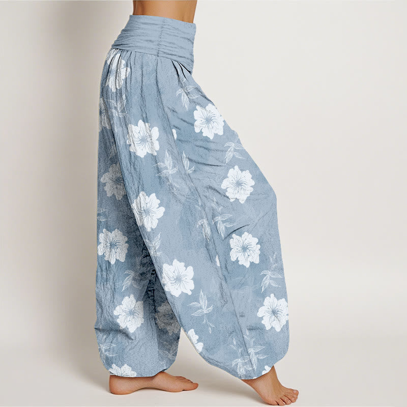 Nimara Ritual Pure Cotton White Flowers Grass Women's Elastic Waist Harem Pants