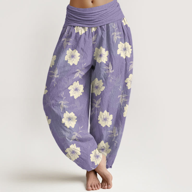 Nimara Ritual Pure Cotton White Flowers Grass Women's Elastic Waist Harem Pants