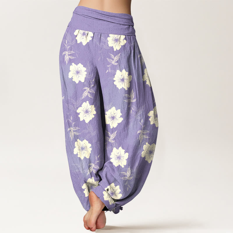 Nimara Ritual Pure Cotton White Flowers Grass Women's Elastic Waist Harem Pants