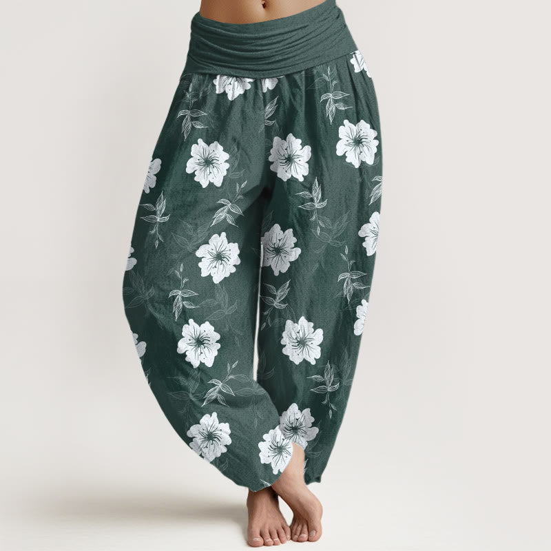 Nimara Ritual Pure Cotton White Flowers Grass Women's Elastic Waist Harem Pants