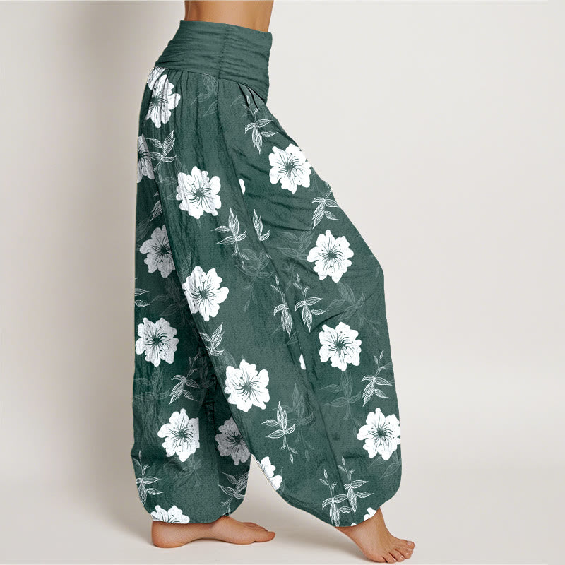 Nimara Ritual Pure Cotton White Flowers Grass Women's Elastic Waist Harem Pants