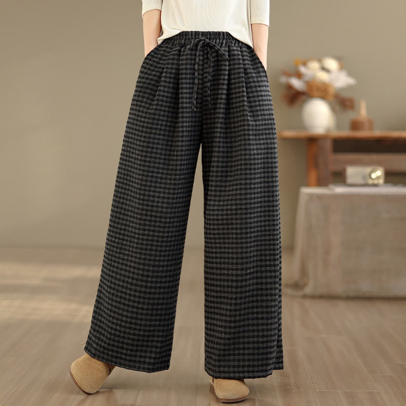 Nimara Ritual Casual Plaid Pattern Women's Wide Leg Pants With Pockets
