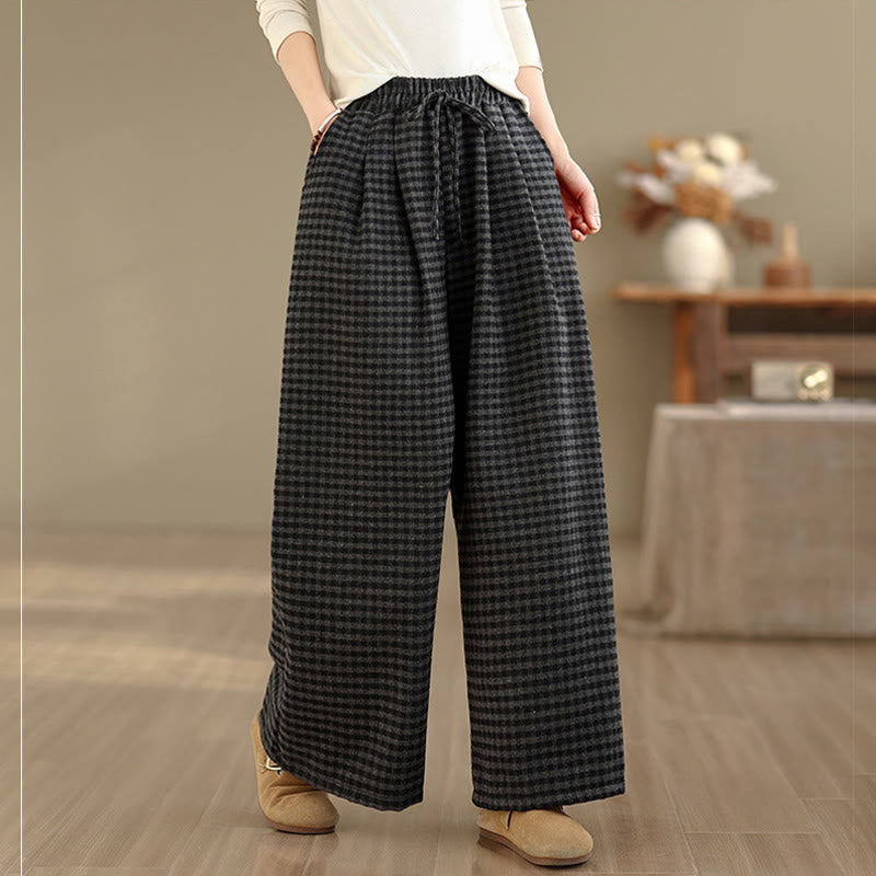 Nimara Ritual Casual Plaid Pattern Women's Wide Leg Pants With Pockets