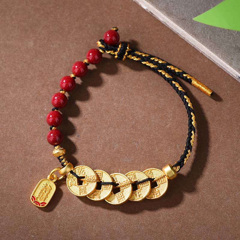 Nimara Ritual Five-Emperor Coins Copper Amethyst Cinnabar Black Red String Balance Attract Fortune Bracelet