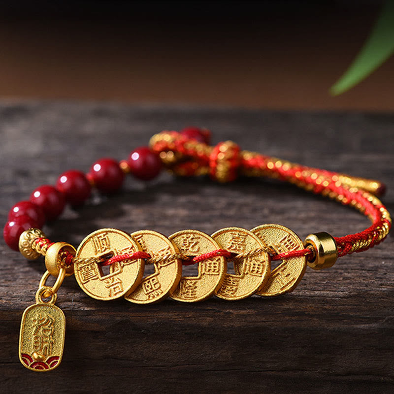 Nimara Ritual Five-Emperor Coins Copper Amethyst Cinnabar Black Red String Balance Attract Fortune Bracelet