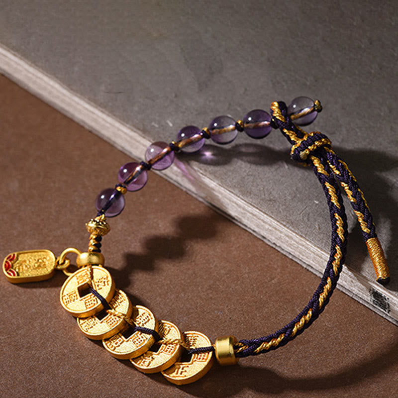 Nimara Ritual Five-Emperor Coins Copper Amethyst Cinnabar Black Red String Balance Attract Fortune Bracelet