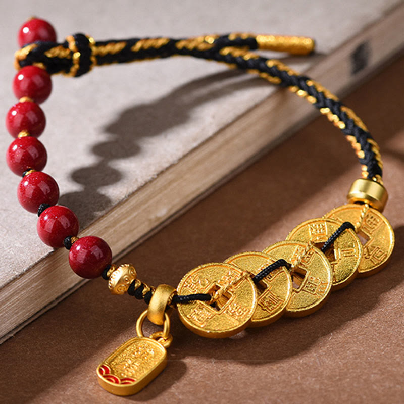 Nimara Ritual Five-Emperor Coins Copper Amethyst Cinnabar Black Red String Balance Attract Fortune Bracelet