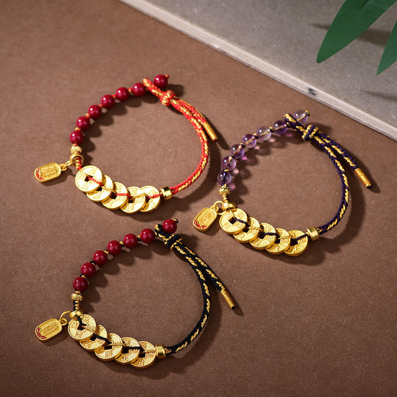 Nimara Ritual Five-Emperor Coins Copper Amethyst Cinnabar Black Red String Balance Attract Fortune Bracelet