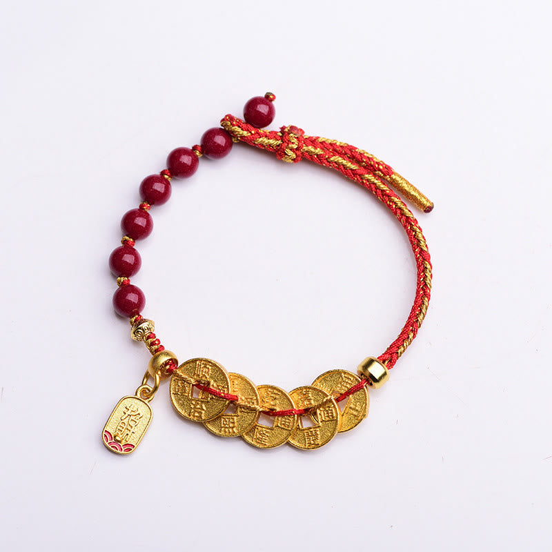 Nimara Ritual Five-Emperor Coins Copper Amethyst Cinnabar Black Red String Balance Attract Fortune Bracelet