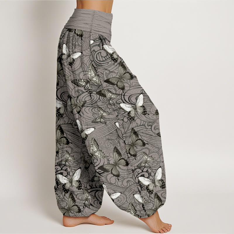 Nimara Ritual Pure Cotton Gray Black Butterfly Striped Women's Elastic Waist Harem Pants
