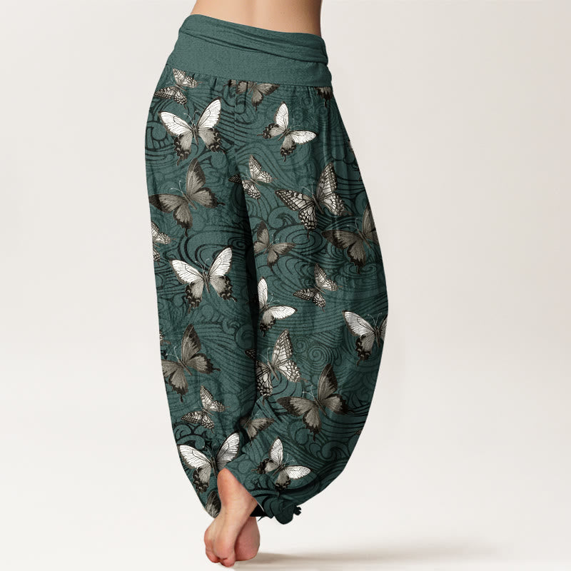 Nimara Ritual Pure Cotton Gray Black Butterfly Striped Women's Elastic Waist Harem Pants