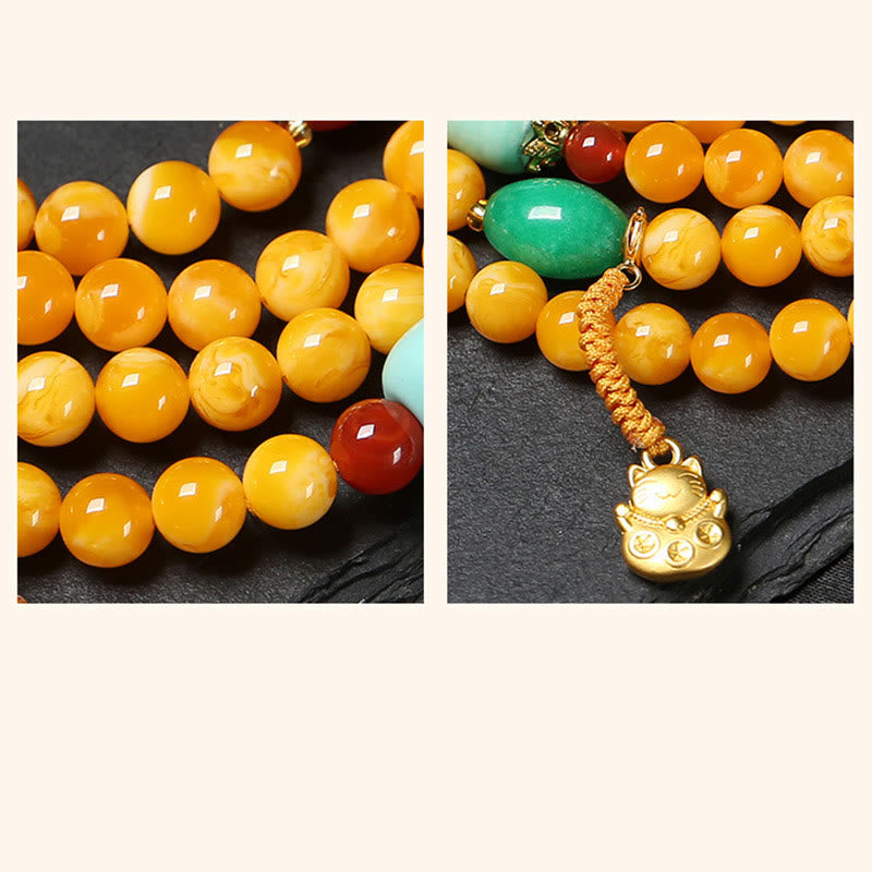 Nimara Ritual 108 Beads Peace Buckle Lucky Cat Amber Auspicious Fortune Mala