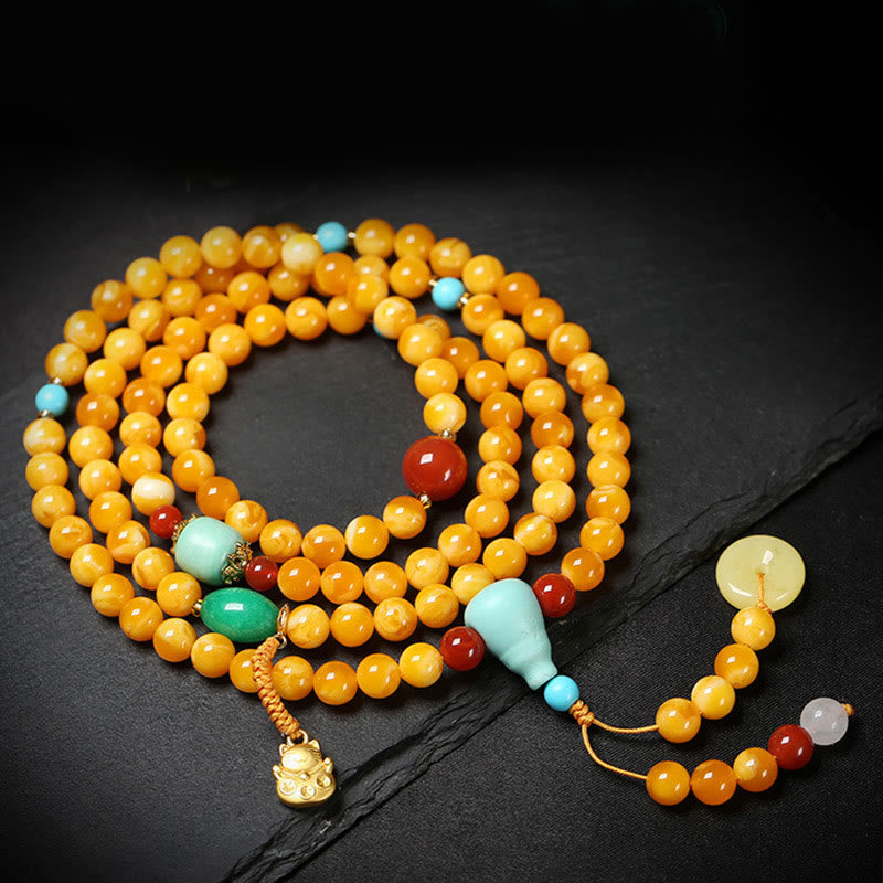 Nimara Ritual 108 Beads Peace Buckle Lucky Cat Amber Auspicious Fortune Mala