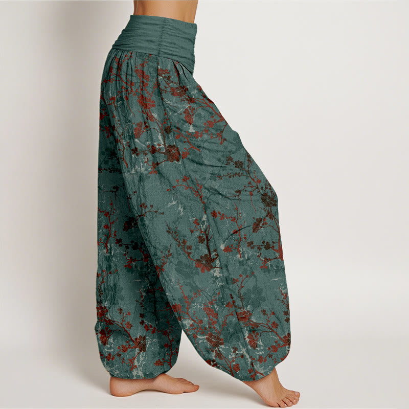 Nimara Ritual Pure Cotton Blooming Flowers Branches Leaves Women's Elastic Waist Harem Pants