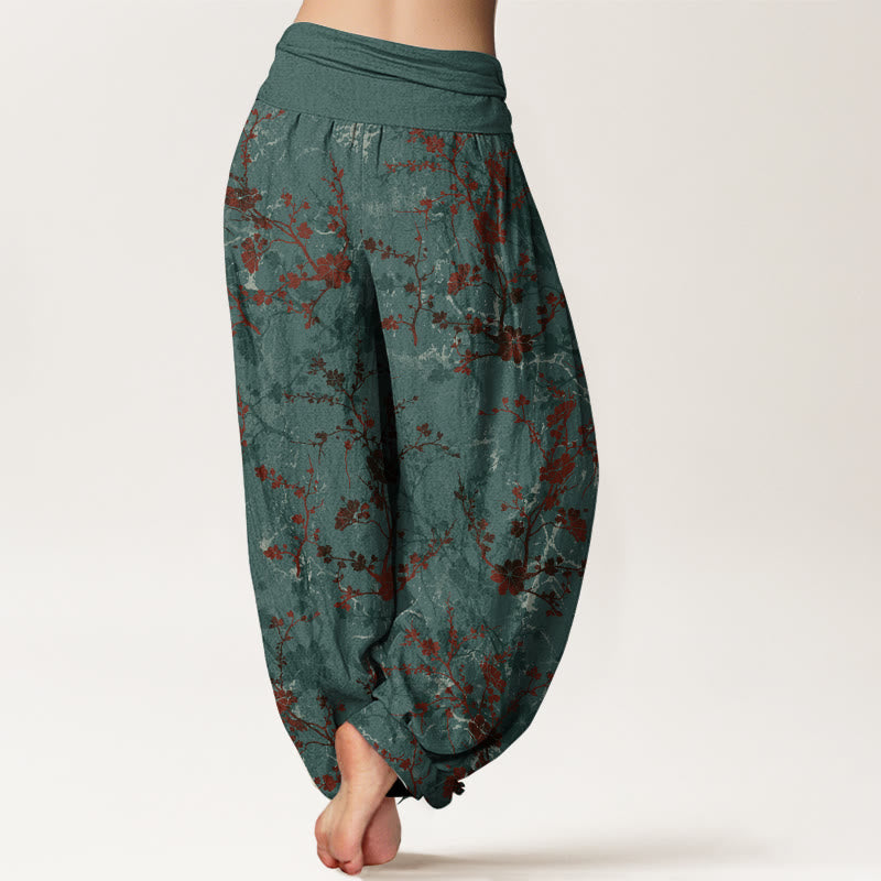 Nimara Ritual Pure Cotton Blooming Flowers Branches Leaves Women's Elastic Waist Harem Pants