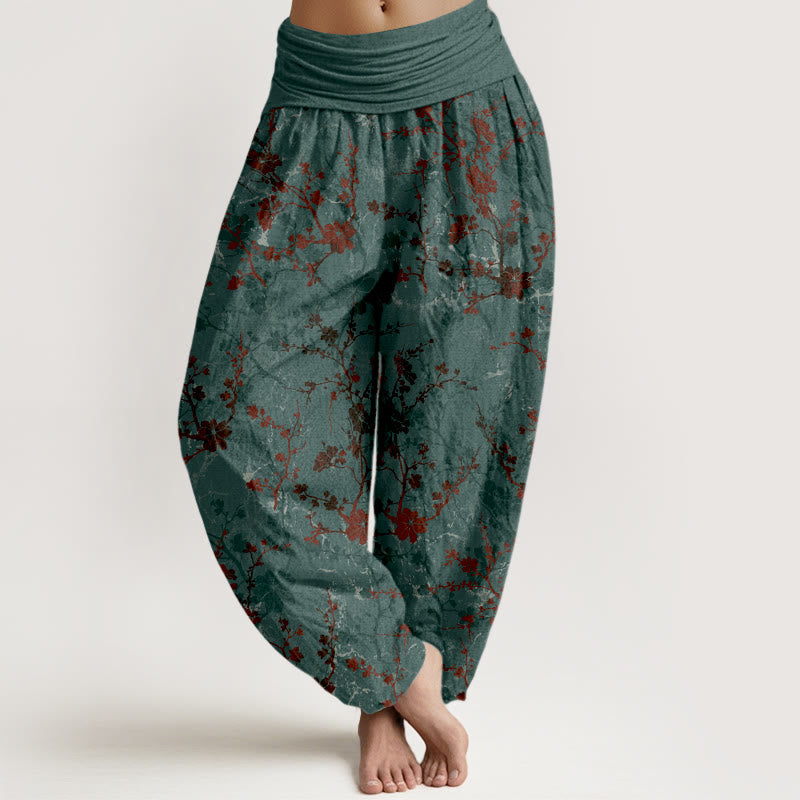 Nimara Ritual Pure Cotton Blooming Flowers Branches Leaves Women's Elastic Waist Harem Pants