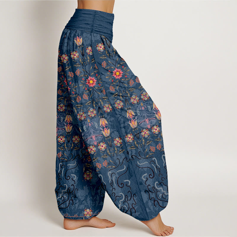 Nimara Ritual Pure Cotton Blooming Multicolored Floral Women's Elastic Waist Harem Pants