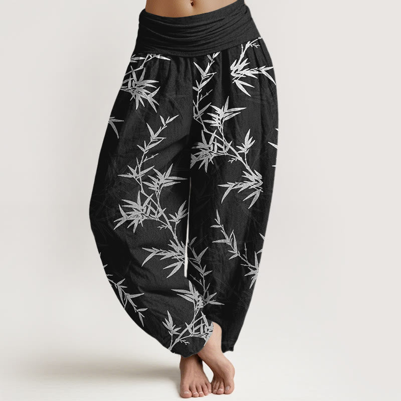 Nimara Ritual Pure Cotton White Bamboo Leaves Women's Elastic Waist Harem Pants