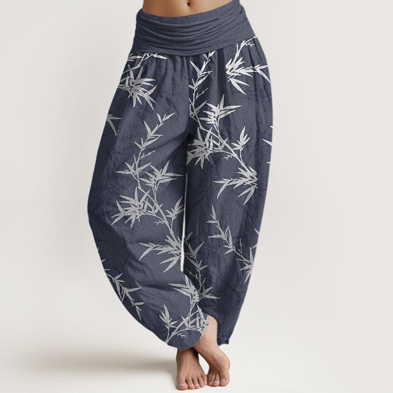 Nimara Ritual Pure Cotton White Bamboo Leaves Women's Elastic Waist Harem Pants