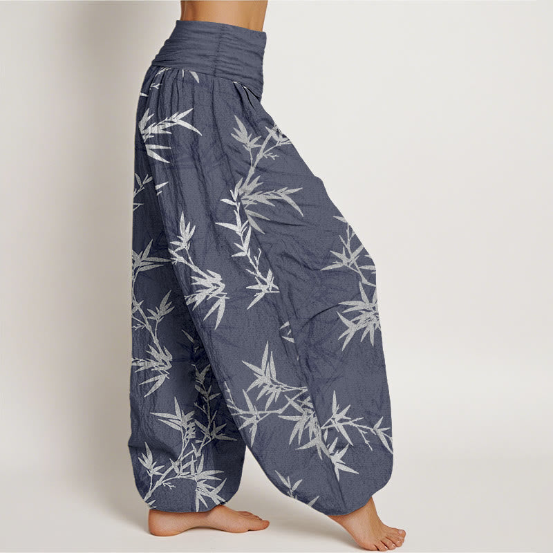 Nimara Ritual Pure Cotton White Bamboo Leaves Women's Elastic Waist Harem Pants