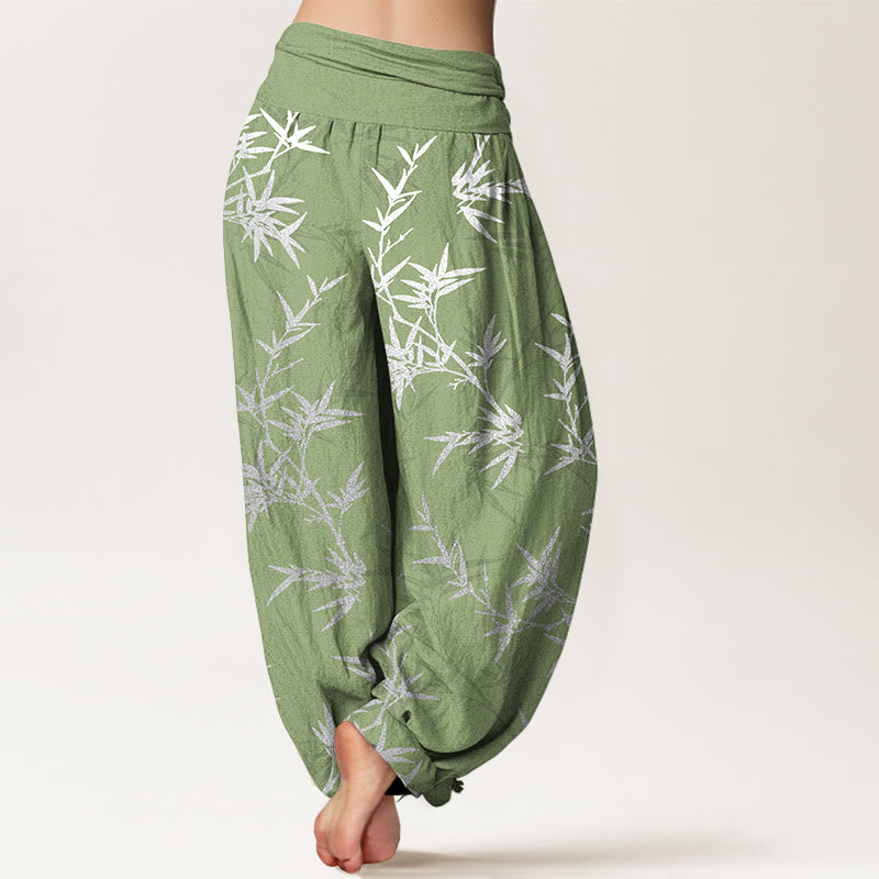 Nimara Ritual Pure Cotton White Bamboo Leaves Women's Elastic Waist Harem Pants