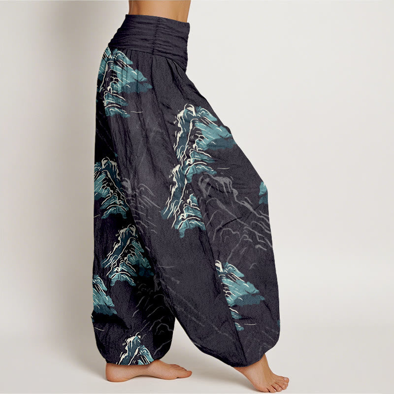 Nimara Ritual Pure Cotton Vivid Emerald-green Mountains Women's Elastic Waist Harem Pants