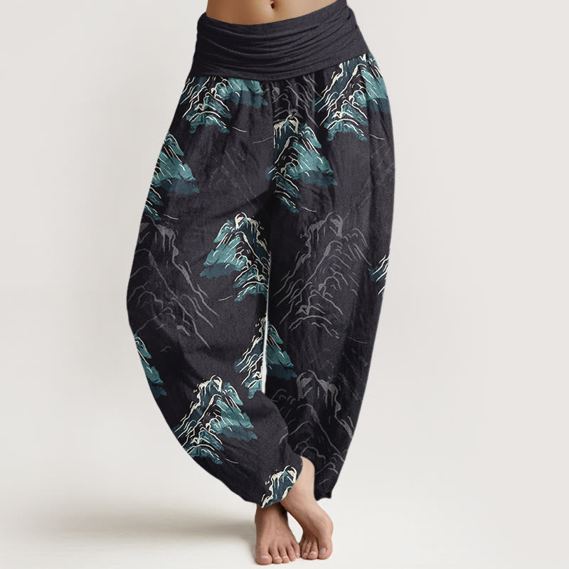 Nimara Ritual Pure Cotton Vivid Emerald-green Mountains Women's Elastic Waist Harem Pants