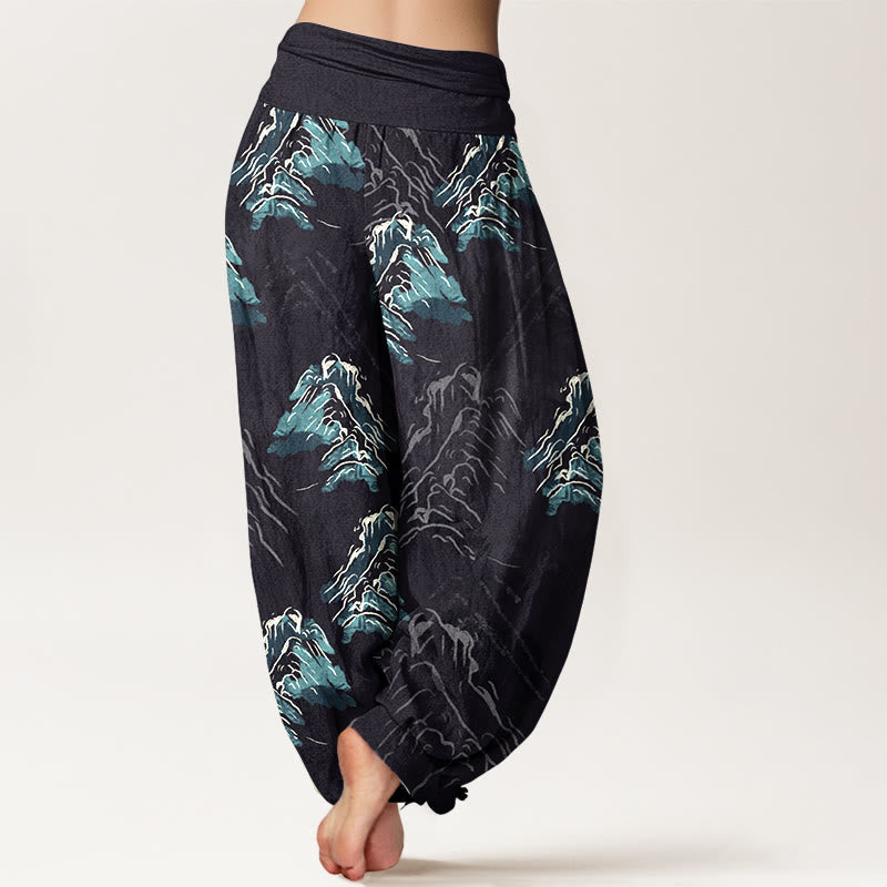 Nimara Ritual Pure Cotton Vivid Emerald-green Mountains Women's Elastic Waist Harem Pants